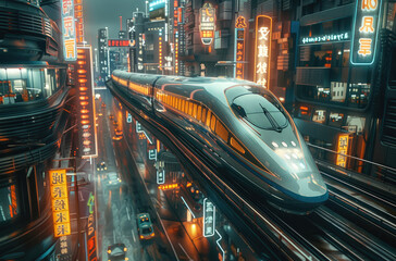 A high-speed train passing through the streets at a 30 degree angle, surrounded by skyscrapers. an atmosphere of advanced technology and urban life. Generative AI.