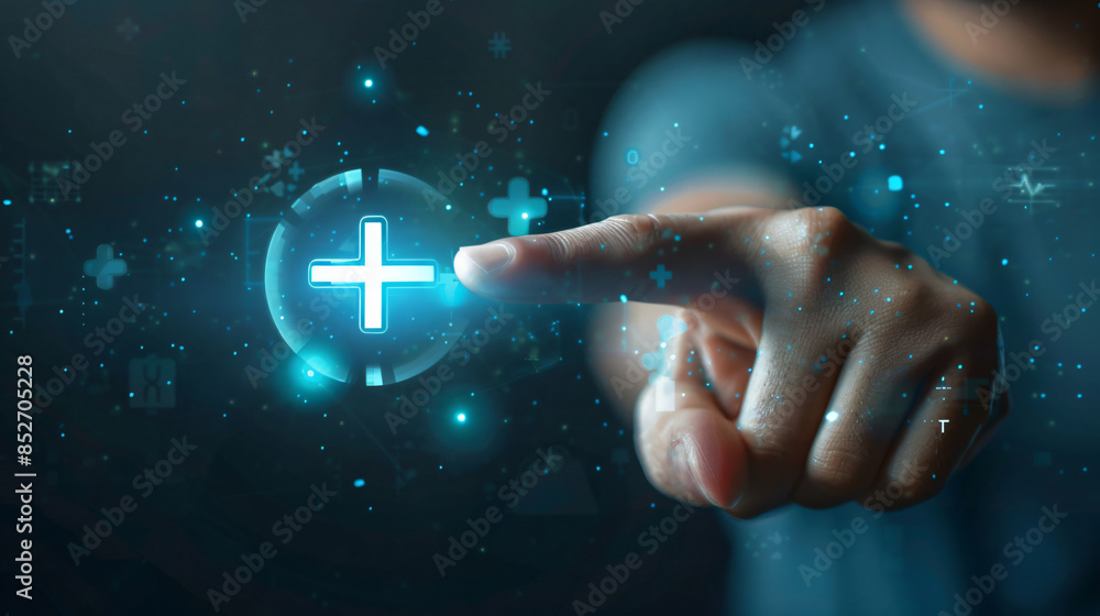 Aufkleber close-up of a hand pressing a virtual plus icon, symbolizing advanced touch interface