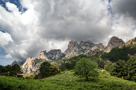The Aiguilles de Bavella, needle like rocky mountain peaks surrounded by pine forest and maquis in the centre of Corsica