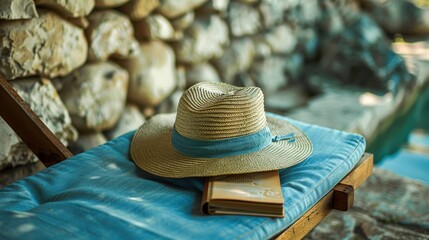 A straw hat and a book resting on a blue cushion by a stone wall, suggesting a relaxing outdoor setting.