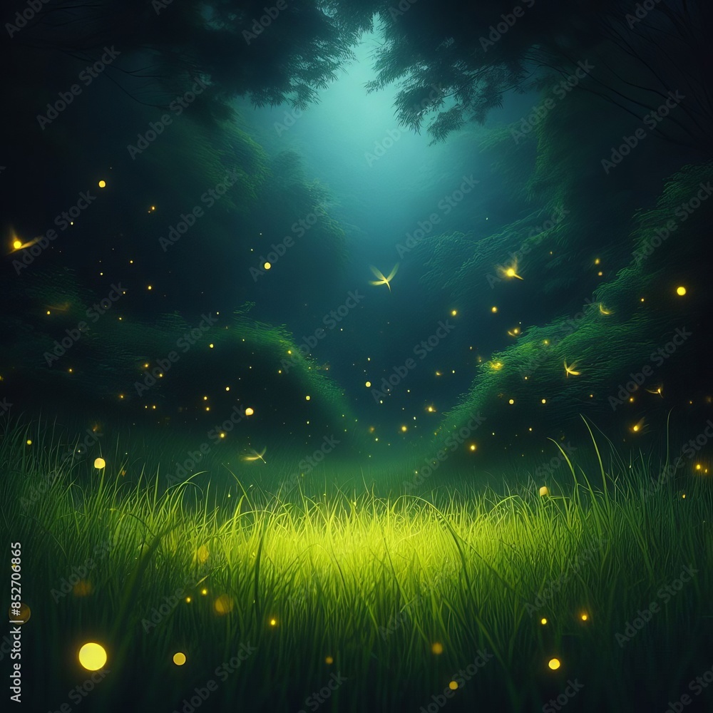 Poster discover a magical meadow bathed in a serene, mystical light with countless fireflies dancing throug