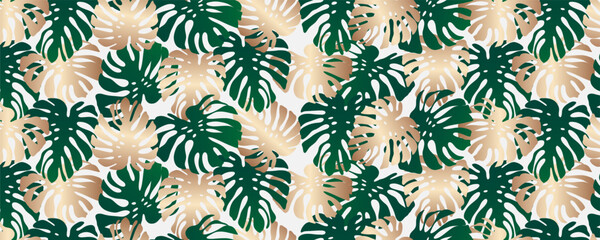 Vector tropical seamless pattern with green and gold monstera leaves