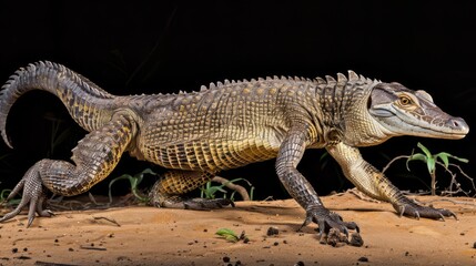 Naklejka premium A fictional hybrid of lizard and crocodile is walking on dirt in the dark, AI