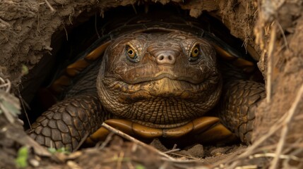 A turtle peeking out of a hole in the ground, AI