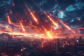 Fototapeta premium Apocalyptic Scene of Meteor Shower Impacting a Modern City at Dusk Dramatic and Fiery Skyscape