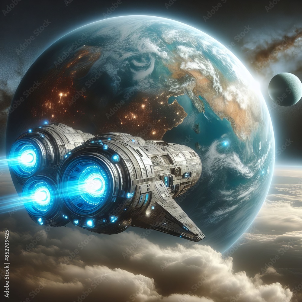 Poster a sleek, futuristic spaceship glides past earth with glowing engines, set against a backdrop of deep