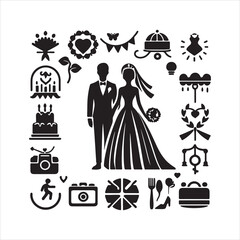 Print bride & groom, unique floral half moon love  black vector silhouette bride groom unique design icons bundle silhouette vector image with withe backgrounds