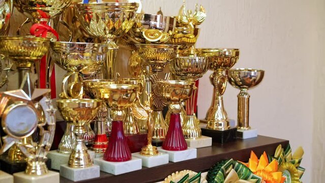 Wooden shelf in room full of various shining winners cups and awards. Special place stands as testimony of hard work and achievements
