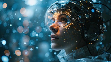 A woman in a futuristic suit with glowing eyes looks out into the distance