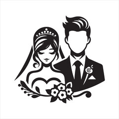 Print bride & groom, unique floral half moon love  black vector silhouette bride groom unique design icons bundle silhouette vector image with withe backgrounds