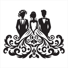 Print bride & groom, unique floral half moon love  black vector silhouette bride groom unique design icons bundle silhouette vector image with withe backgrounds