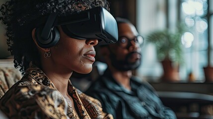 A woman wearing a VR headset is looking at a man