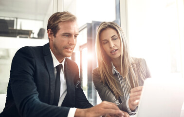 Collaboration, laptop and meeting with business people in office for corporate discussion or...