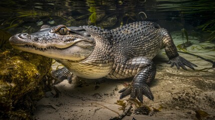Obraz premium A large alligator is swimming in the water near a rock, AI