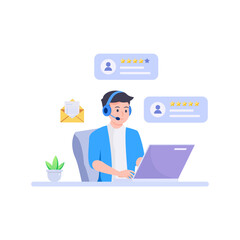 Customer service. Call center. Hotline operators with headphones on laptop screen.