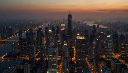 Obraz premium A bustling metropolis from a bird's eye view at twilight ai_generated