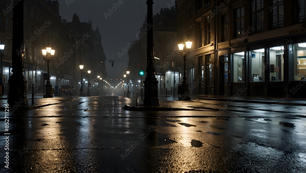 Wall mural The cityscape alive with flickering streetlights mirrored in rain-slicked pavements ai_generated - Wall murals