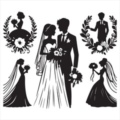 Print bride & groom, unique floral half moon love  black vector silhouette bride groom unique design icons bundle silhouette vector image with withe backgrounds