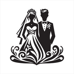 Print bride & groom, unique floral half moon love  black vector silhouette bride groom unique design icons bundle silhouette vector image with withe backgrounds