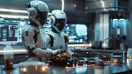 Fototapeta premium Futuristic android family cooking together in a modern kitchen, holographic recipe display, high-detail
