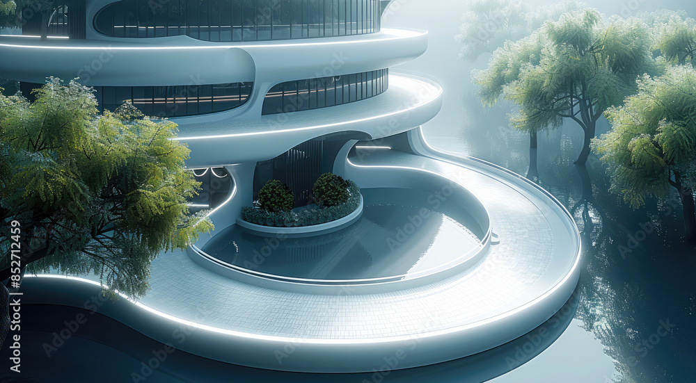 Poster A top down directly overhead view of a futuristic building with entrance, circular, white. Generative AI.