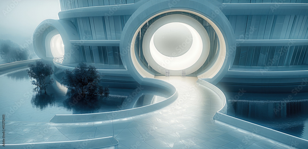 Poster A top down directly overhead view of a futuristic building with entrance, circular, white. Generative AI.