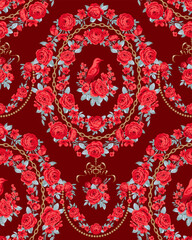 Baroque seamless pattern with bird and flowers in frame of roses for wallpaper and textile, classic print style