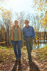 Obraz premium Smile, nature and senior couple in forest with backpack for walk, exercise and bonding together. Happy, love and elderly man and woman in retirement enjoying view by woods in Autumn in England.