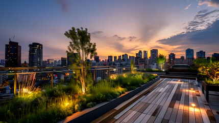 Fototapeta premium A Zen-inspired rooftop garden overlooking the city a peaceful retreat amidst urban chaos.