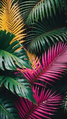 A vibrant mix of yellow and pink tropical leaves creates a striking and colorful pattern, showcasing nature's vivid palette and exotic beauty