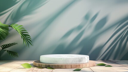 Obraz premium 3D render beautiful white podium for whitening beauty skincare products display backdrop, templates with natural green leaves plant twig, sunlight and foliages leaves shadow. Floor, Space, Shadow.