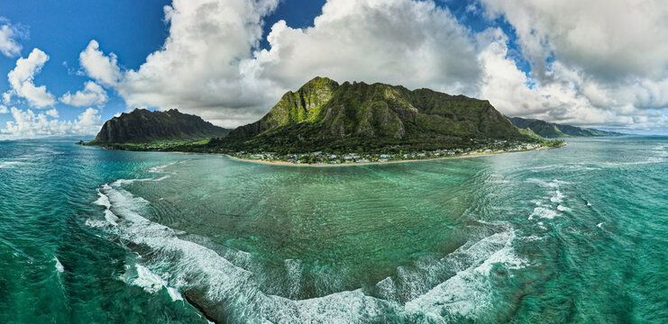 Oahu as a Hawaiian island and with the green east coastline from above in panoramic view