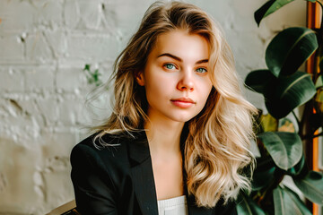 Naklejka premium Jeune fille blonde, portrait en intérieur