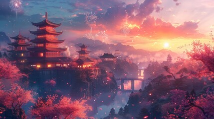 Fototapeta premium Realistic style, fireworks during the Spring Festival, colorful and splendid, in a pink princess style