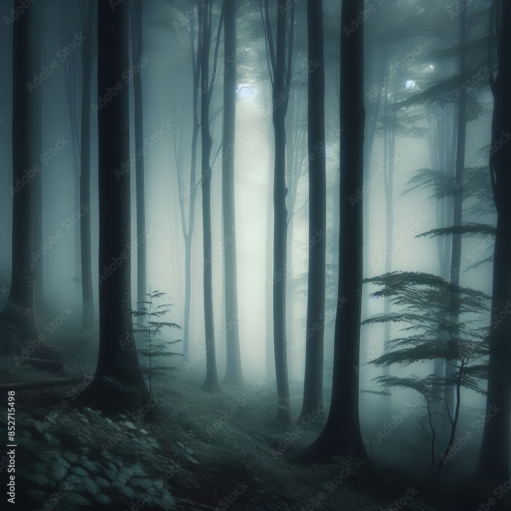 Poster a misty forest with tall trees creates a mysterious and tranquil atmosphere. the fog envelops the de