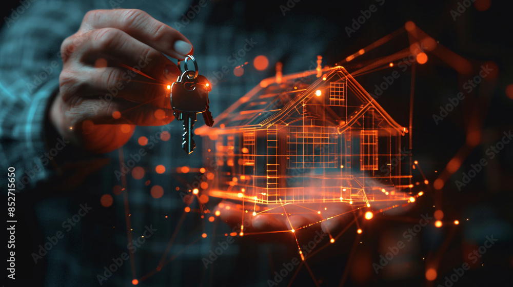 Poster architect presenting a digital model home and holding keys