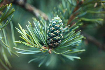 green pine cone on twig closeup selective focus