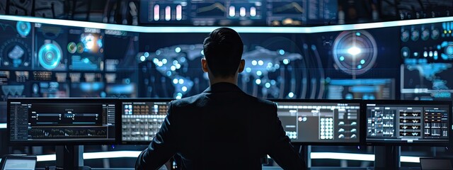 Experts work on desktop computers in a control room with a large digital screen with data servers.