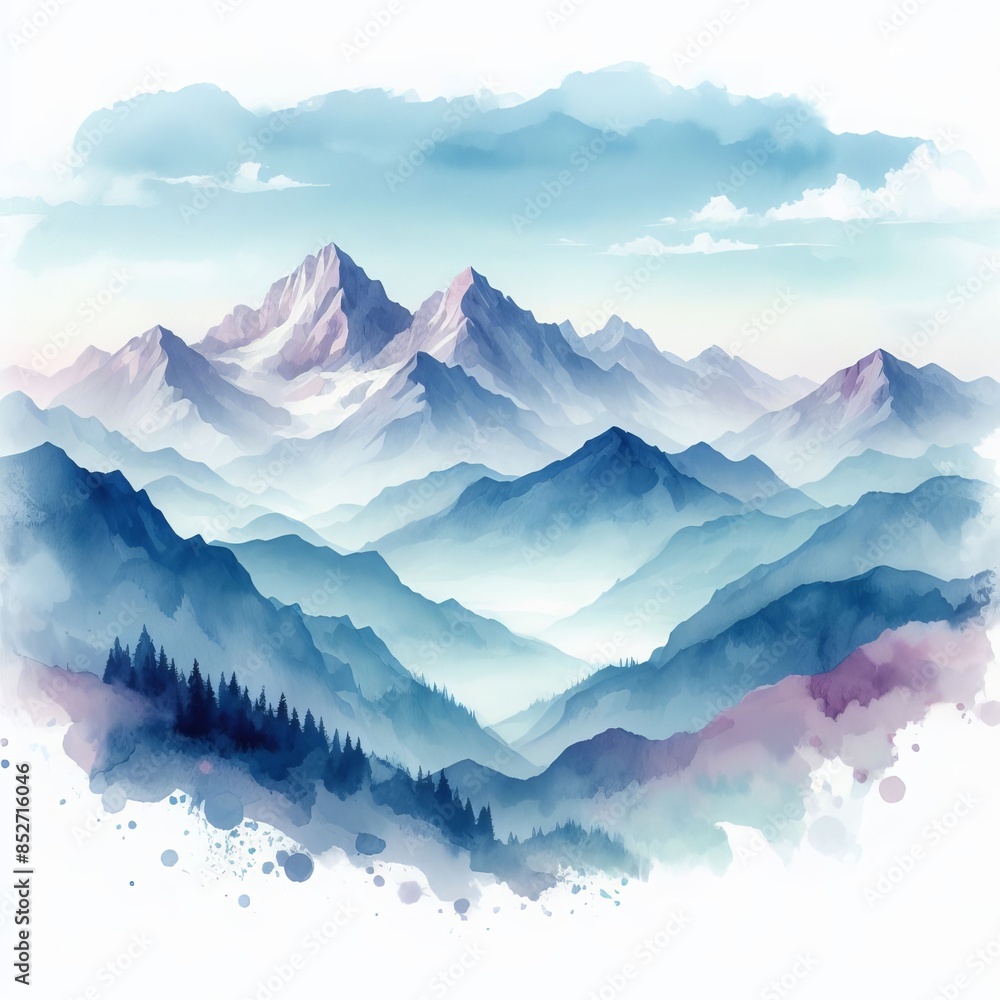 Poster a breathtaking misty mountain landscape featuring multiple layers of blue peaks fading into the dist