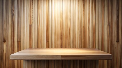 Clean minimalist wooden table counter with a podium background, isolated on a neutral tone, awaiting product demonstration or display, empty and uncluttered space.
