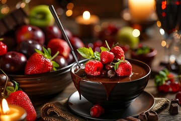 Close up of a chocolate fondant with fresh fruits
