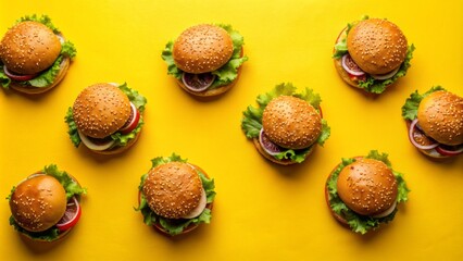 Vibrant yellow background showcases an arrangement of juicy burgers in various angles, with ample negative space for additional design elements or text overlays.