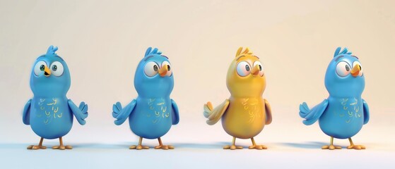 Obraz premium An impressive scene of playful cartoon bird characters in gold and blue on a white background