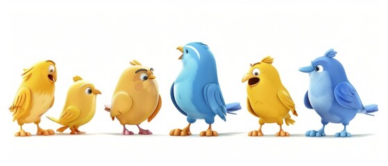 An impressive scene of playful cartoon bird characters in gold and blue on a white background