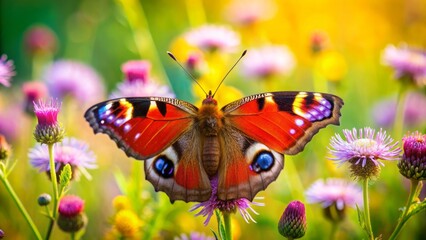 Obraz premium Vibrant aglais io butterfly perches on a bed of colorful meadow flowers, its iridescent wings glistening in the sunlight, creating a stunning natural banner.