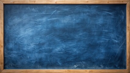 Dark blue chalkboard with subtle erasure marks, creating a worn, textured background, providing ample empty space for overlaying text, artwork, or other creative elements.