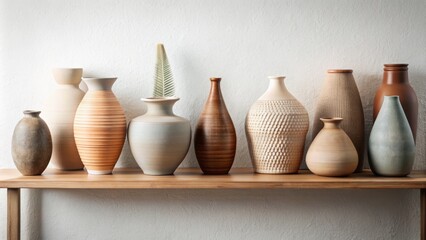 Assorted ceramic vases in neutral hues with varied shapes and sizes arranged artfully on a modern shelf against a pristine white backdrop.