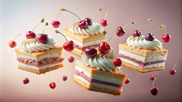 vibrant pastel gradient background showcases levitating layers of moist cake slices, whipped cream, and cherry, suspended in mid-air, exuding playful and whimsical charm.