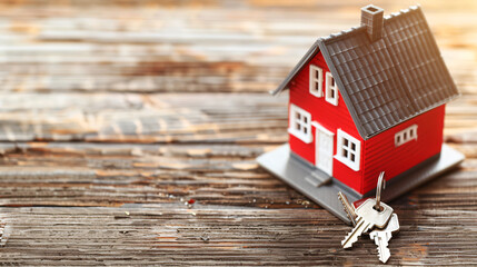 Miniature red house on a wooden surface with keys symbolizes homeownership