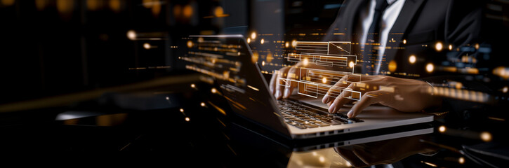 Document management system (DMS) technology, businessman use laptop with database folder online to store files document data digital file storage process with security